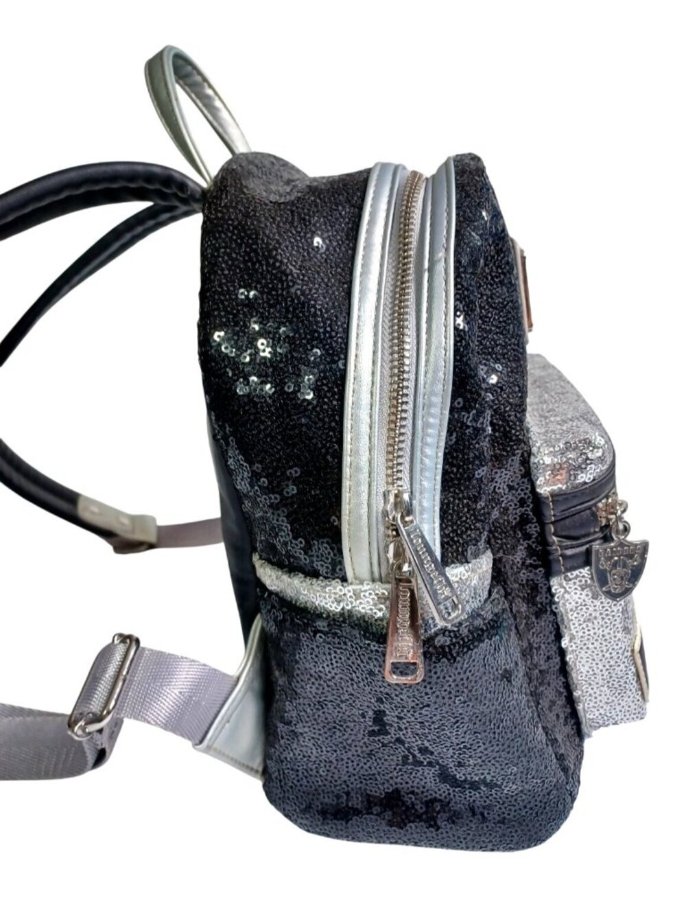 NWT Loungefly NFL Las Vegas Raiders Black Silver Sequin Bling Mini Backpack - Picture 7 of 8
